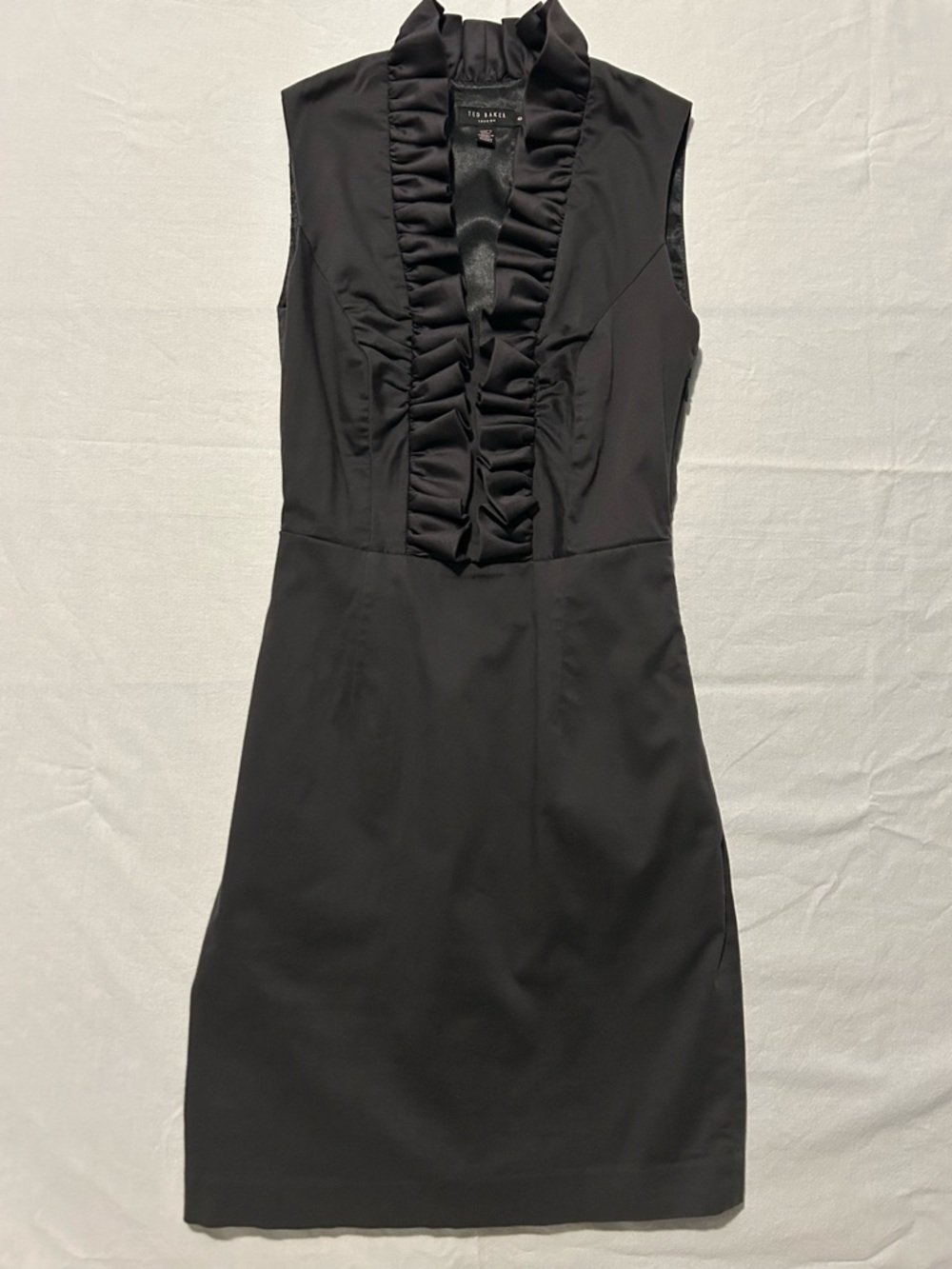 Ted Baker Black Ruffle Sheath Dress Size 0 Sleeveless Low Neck Pockets